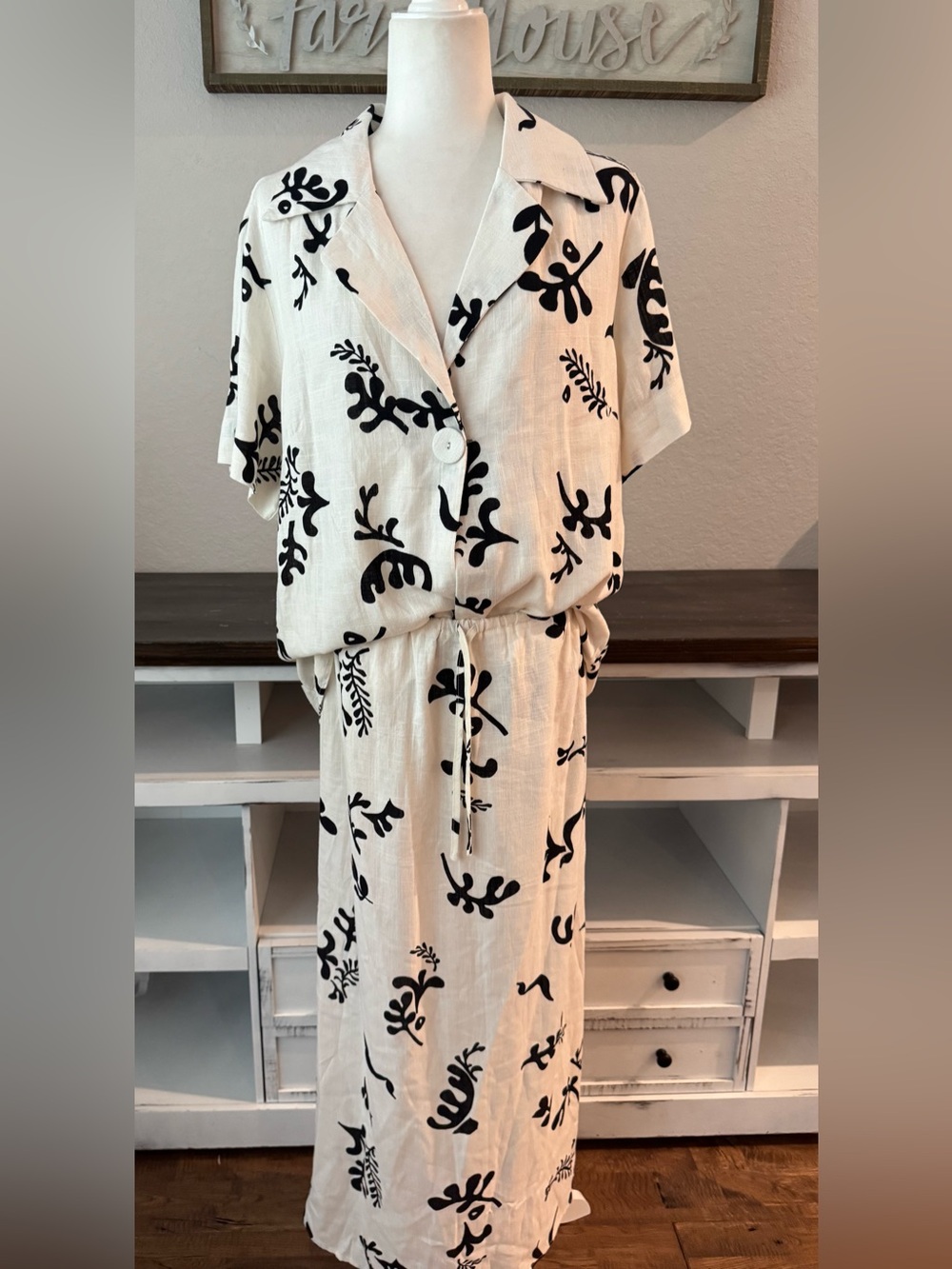 Paper Heart 2 Piece Linen Blend Set Size L White Black Abstract Print Skirt B